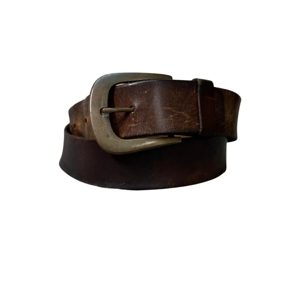 Vintage Distressed Brown Leather Belt Brass Horseshoe Buckle Mens 1.5 Inch Wide